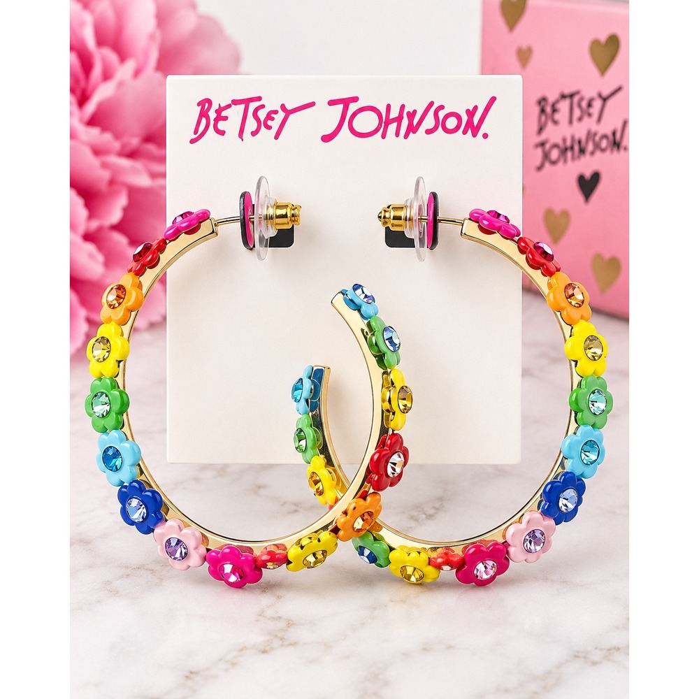 NEW Betsey Johnson One Love 3D Rainbow Flower Hoop Post Earrings Y2K Jewelry